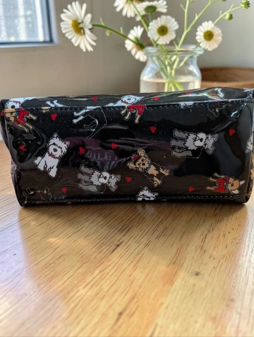 NWT Marc Tetro Black Patent Vinyl Cosmetic Pouch with Dog Print